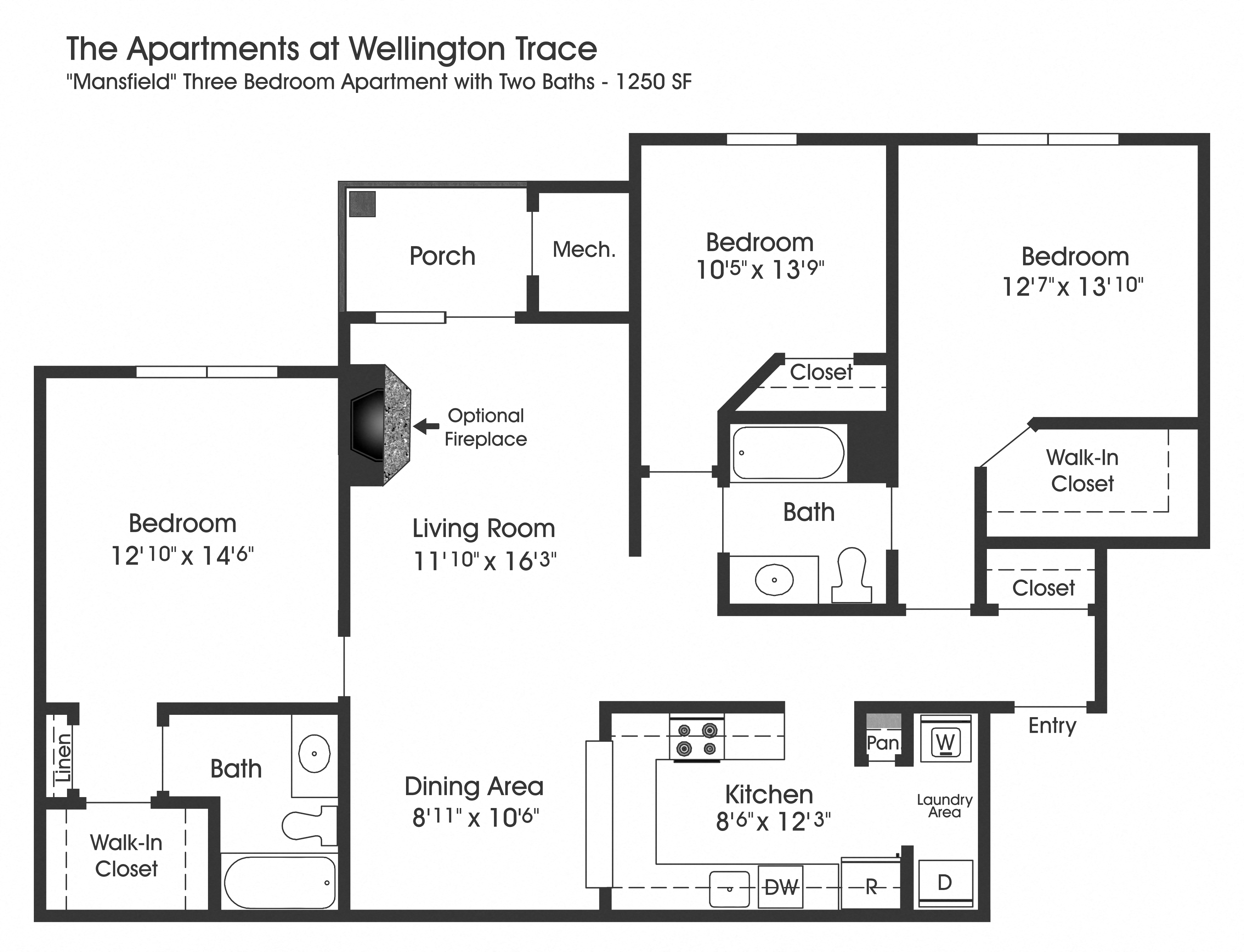Floor plan for 3 beds, 2 baths, 1250 sqft